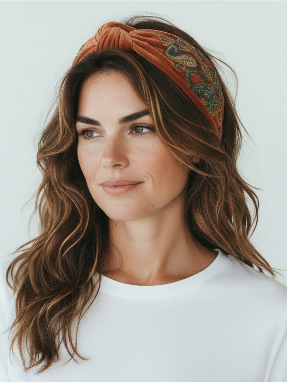 Powder Rust Velvet Embroidered Padded Headband with Teal and Gold Detail